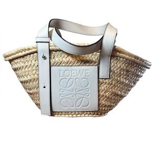 LOEWE Neutral Woven Raffia Small Basket Bag White Leather Trim Tote Palm Leaf